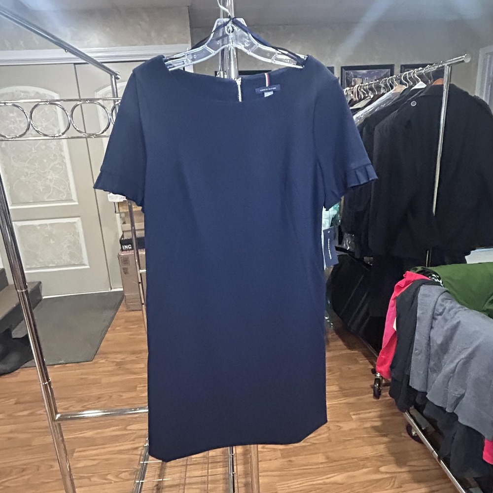 Tommy Hilfiger Dress Womens 10 Navy Short Sleeve Shift Ruffle Sleeve Office NEW